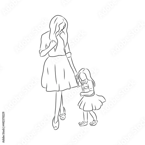 line drawing of mother holding children to walk
