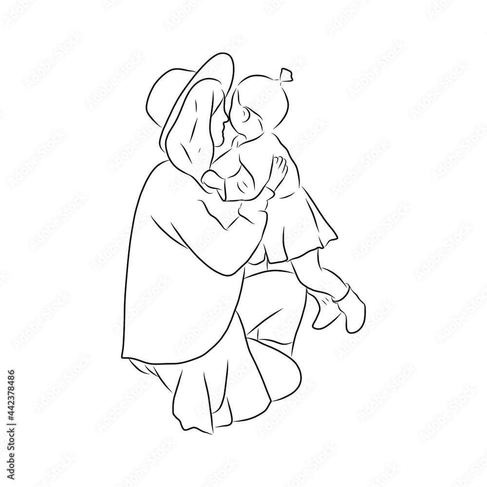 line drawing of mother playing with her child line drawing of mother playing with her child