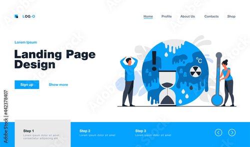 Tiny people near planet with melting poles isolated flat vector illustration. Danger of temperature rising and greenhouse effect anomaly. Climate change and hot weather concept