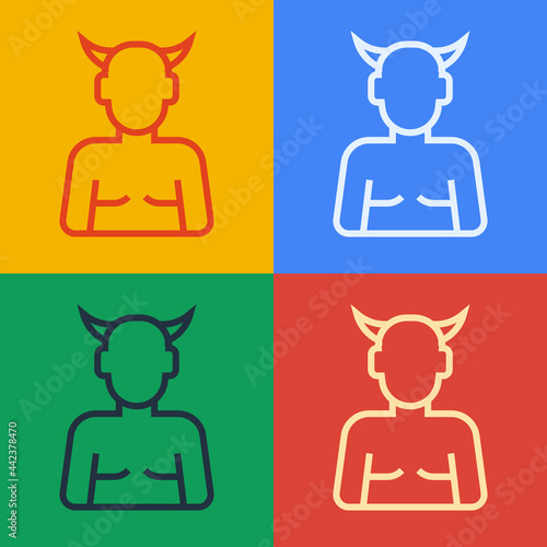 Pop art line Krampus, heck icon isolated on color background. Horned devil. Traditional Christmas devil. Happy Halloween party. Vector