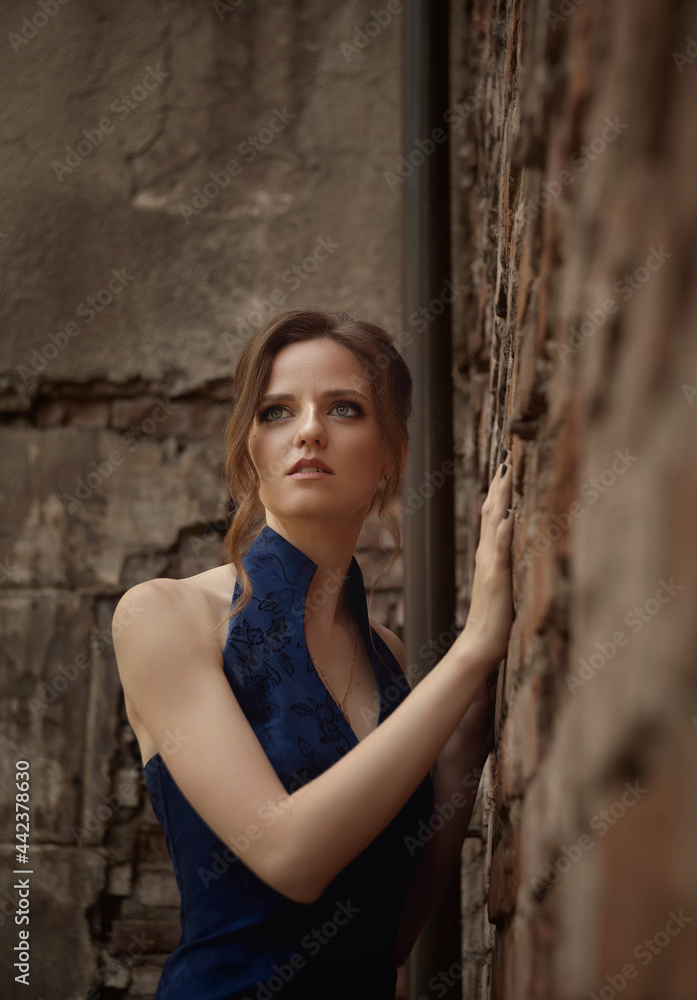 Young beautiful woman in a blue dress stands next to an old brick wall