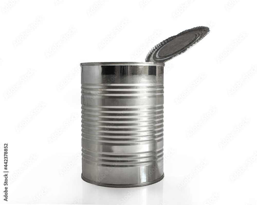 Opened tin can isolated on white background. Metallic food container Opened tin can isolated on white background. Metallic food container
