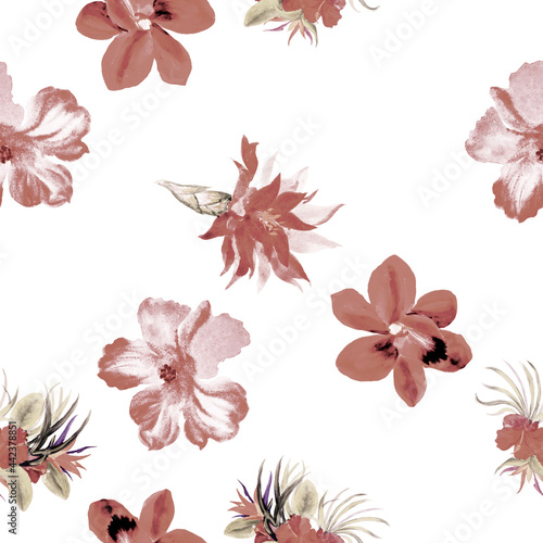 Gray Hibiscus Plant. Brown Watercolor Wallpaper. White Seamless Plant. Flower Print Pattern Design. Tropical Jungle. Summer Wallpaper. Isolated Background.