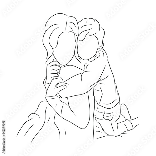 line drawing of mother and child hug each other