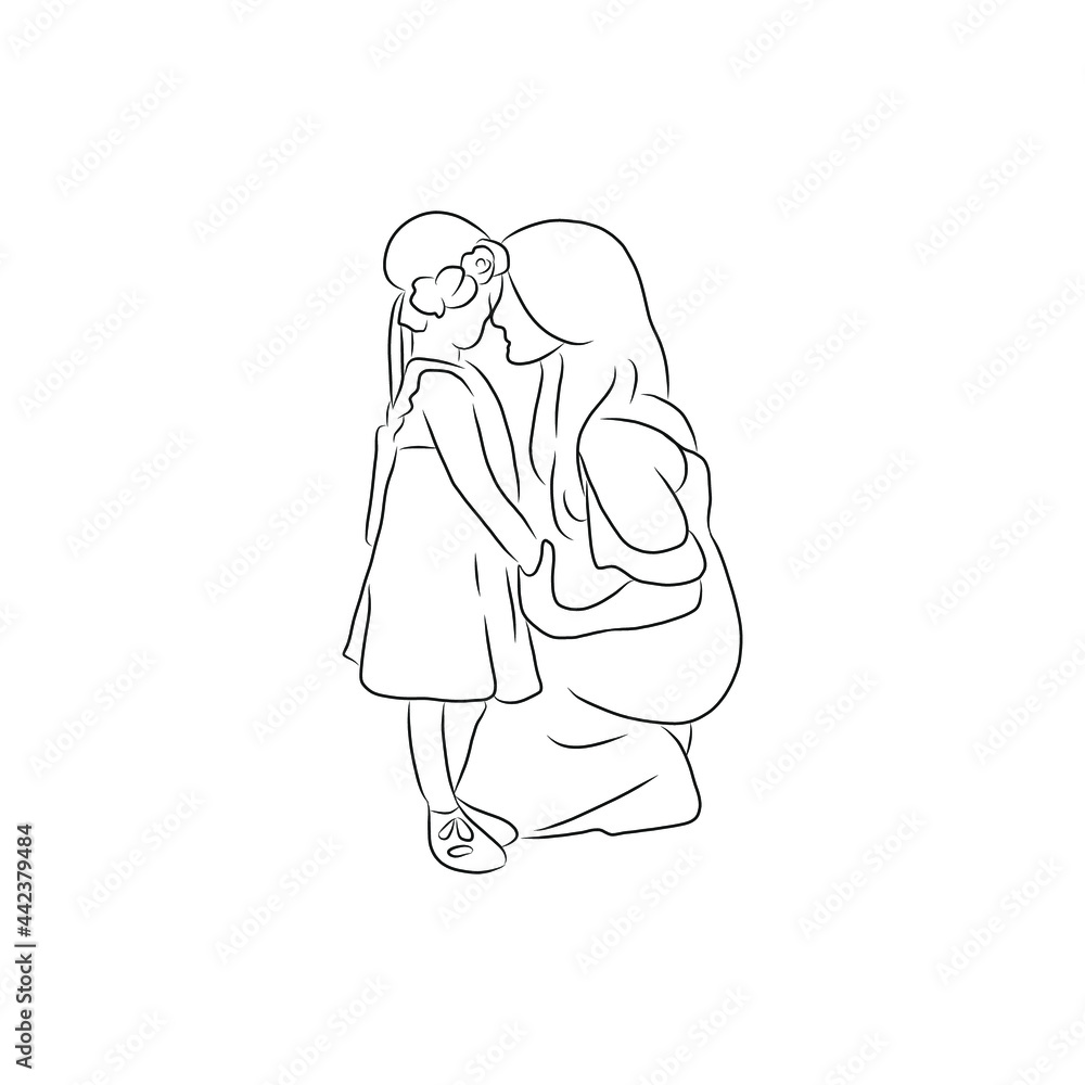 line drawing of mother makes eye contact with her child line drawing of mother makes eye contact with her child