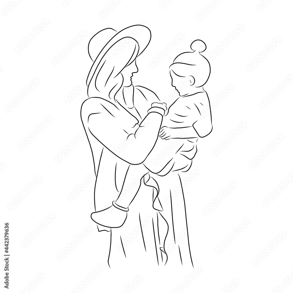line drawing of mother hugs and plays with her child line drawing of mother hugs and plays with her child
