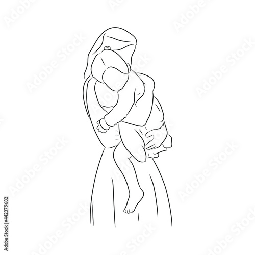 line drawing of mother hugged and carried her child