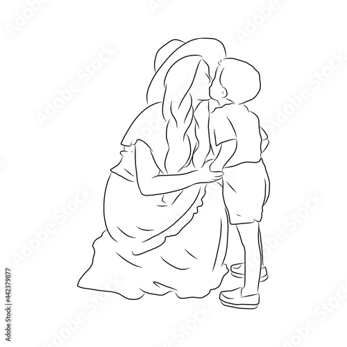 line drawing of mother and child kiss each other