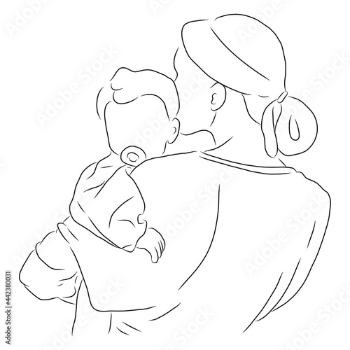 line drawing of mother hugs and kisses children