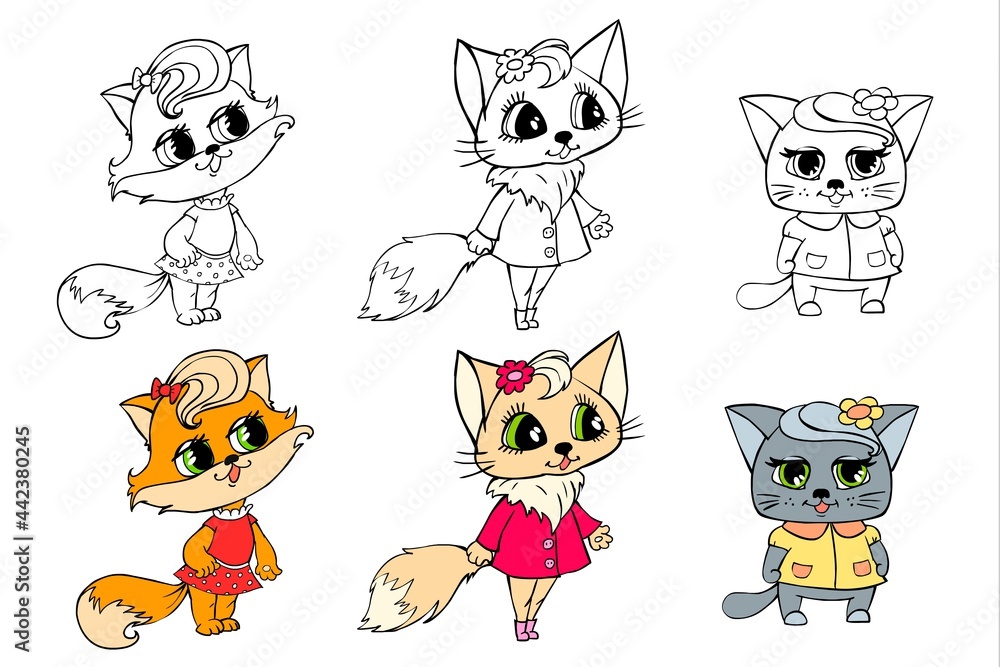 Set of cartoon cats girls in clothes. Images in color and lines. Isolated on white background. Cute and funny characters, children's coloring pages. 