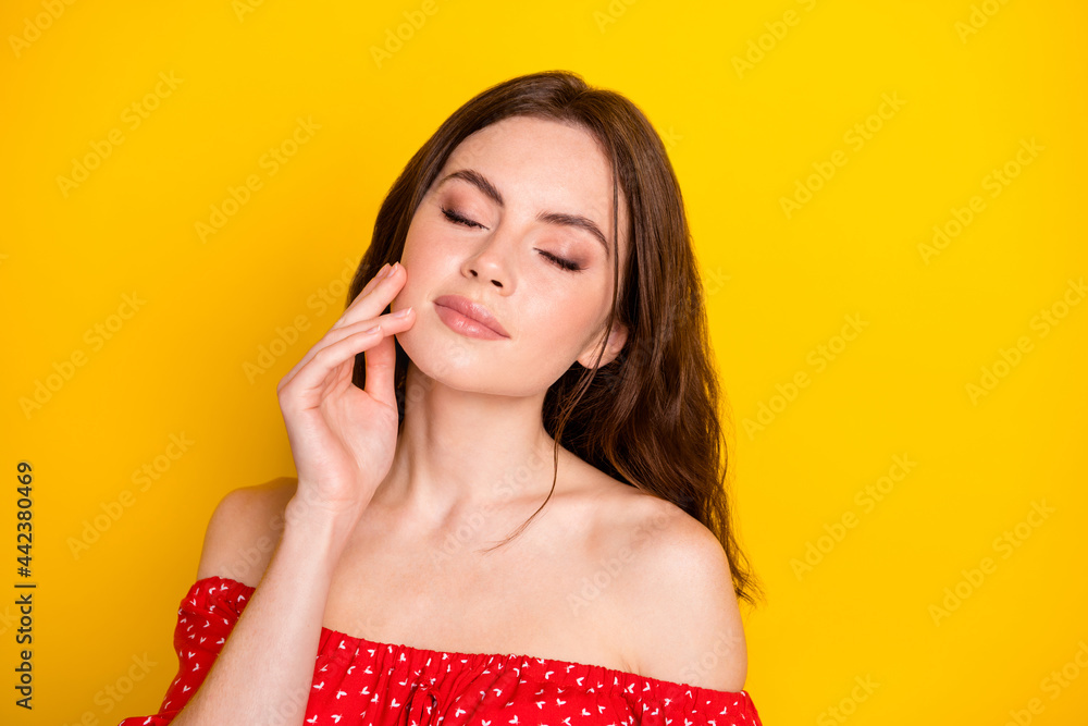 Fototapeta premium Portrait of charming lady closed eyes hand fingers touch cheek perfection isolated on yellow color background