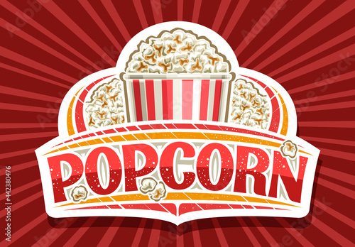 Vector logo for Popcorn, white decorative sign board with illustration of homemade salted pop corn, poster with unique brush lettering for word popcorn for fast food cafe on rays of light background.
