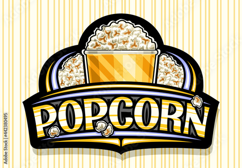 Vector logo for Popcorn, black decorative sign board with illustration of homemade salted pop corn in bucket, poster with unique lettering for word popcorn for fast food cafe on striped background.