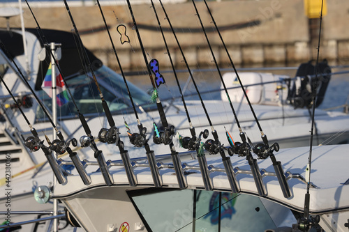  A lot of fishing rods on a fishing boat