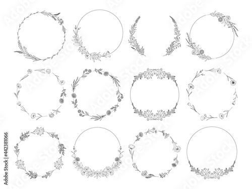 Floral wreaths set, black line art garlands, isolated on white. Botanical frames of wild flowers, herbs, branches for wedding decoration, design projects. Vector illustration.