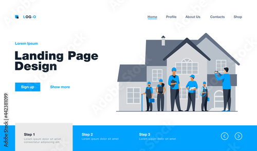 Builders team posing for photo in front of house. Worker, helmet, camera flat vector illustration. Construction or architecture concept for banner, website design or landing web page