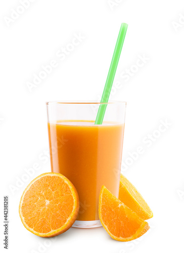 Glass of orange juice with orange slices and straw, on white background