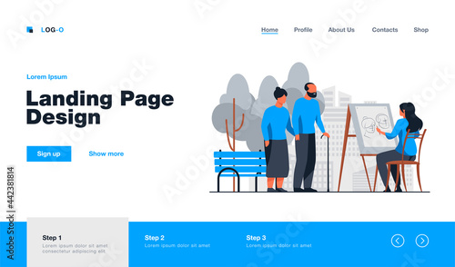 Young woman drawing portrait of elderly couple on easel. Park, leisure. Flat vector illustration. Art and entertainment concept can be used for presentations, banner, website design, landing web page