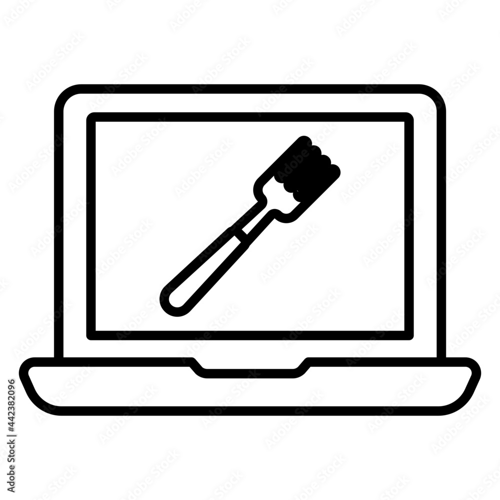 Spoon inside laptop, icon of online cutlery Spoon inside laptop, icon of online cutlery