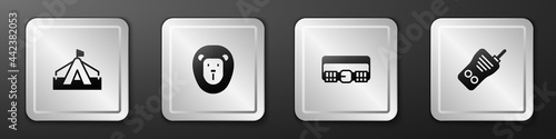 Set Tourist tent, Wild lion, Hunting cartridge belt and Walkie talkie icon. Silver square button. Vector