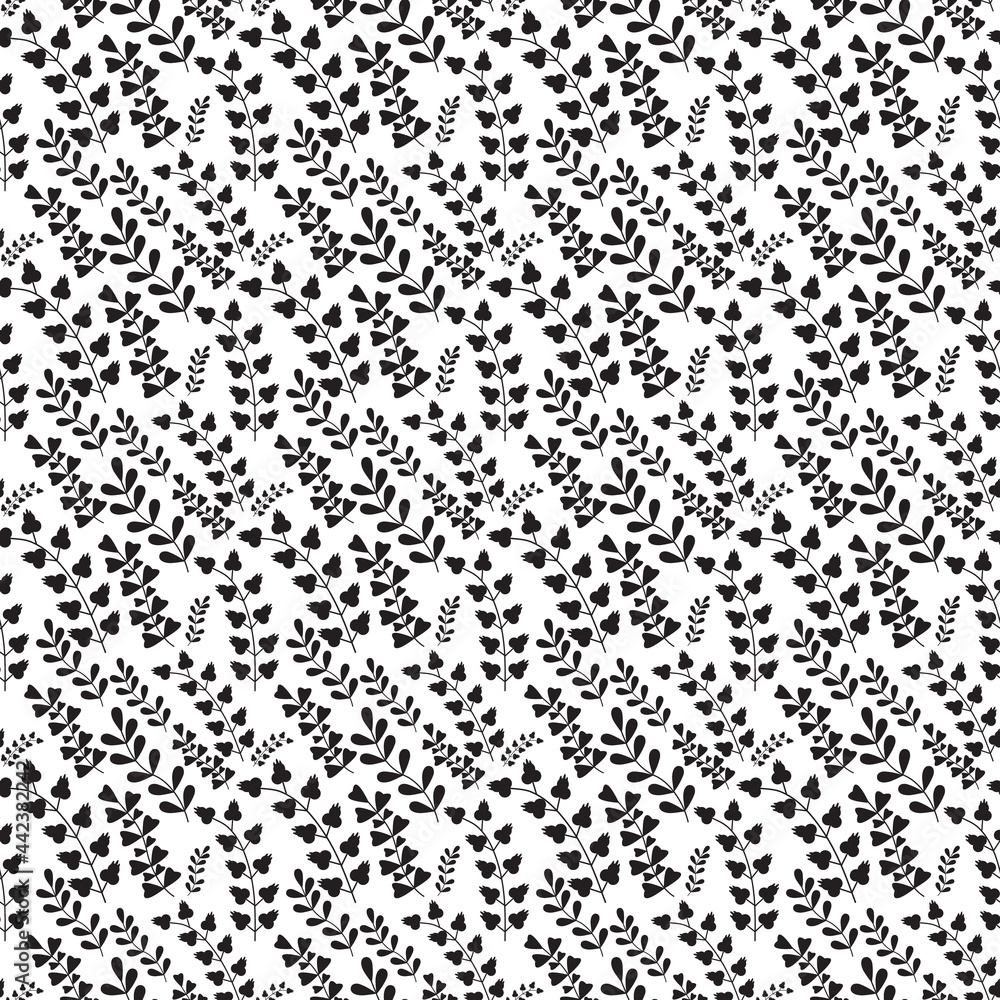 Black leaves seamless pattern. Doodle branch vector pattern