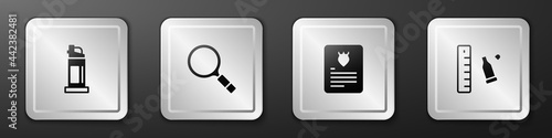 Set Pepper spray, Magnifying glass with search, The arrest warrant and Bullet casing ruler icon. Silver square button. Vector