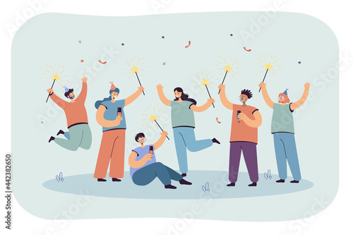 Joyful celebration of men and women in caps. Flat vector illustration. Team of happy office people celebrating event by holding glasses of champagne and sparklers. Corporate, friendship, party concept