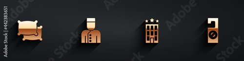 Set Pillow, Concierge, Hotel building and Please do not disturb icon with long shadow. Vector