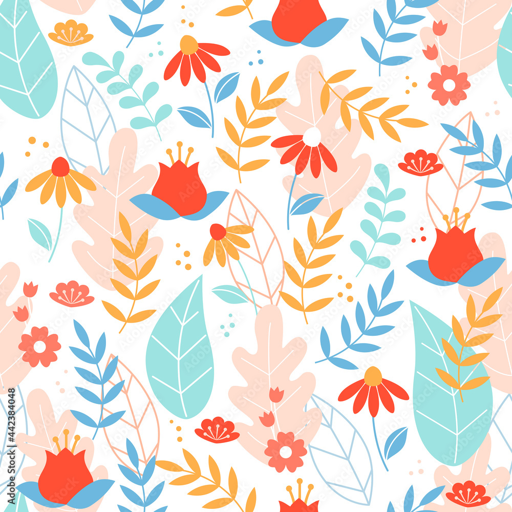 Naklejka premium Modern floral seamless pattern on white background. Vector illustration.