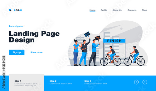 Cyclists competing on city bicycle marathon. Activity, crowd, cityscape flat vector illustration. Competition and sport concept for banner, website design or landing web page