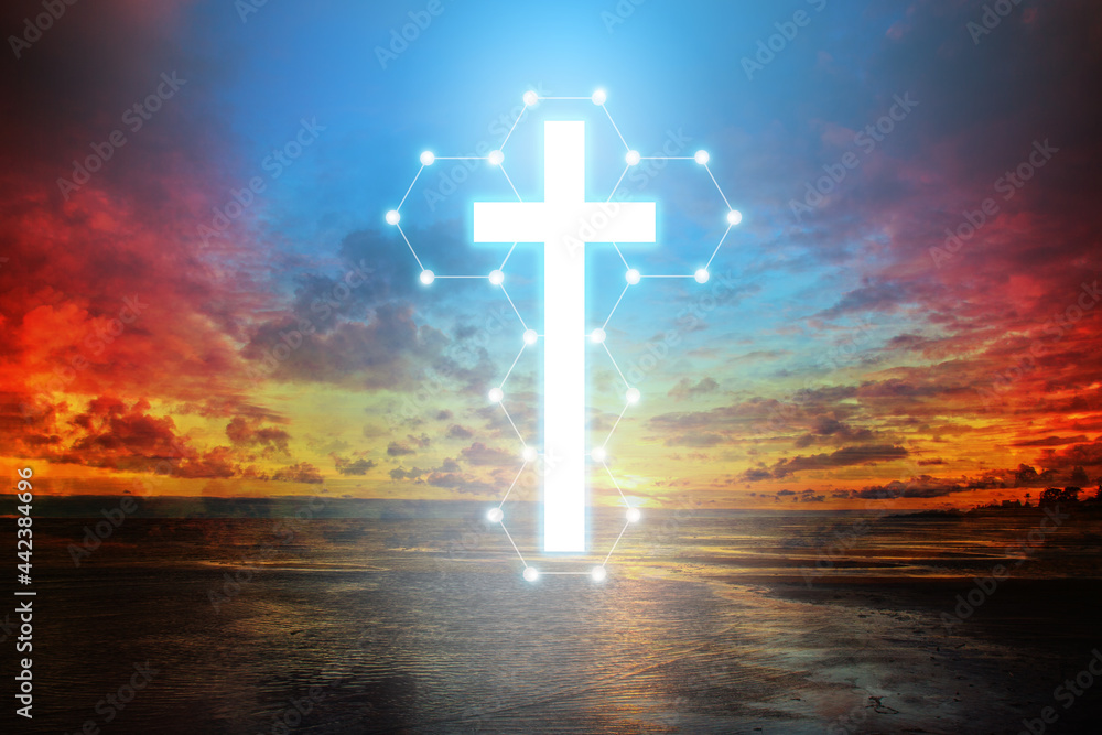 Christian cross on background of night sunset over beach. It symbolizes Catholic faith. Concept of faith in jesus christ. Cross of Catholicism. Joining Catholicism. Christian backgrounds wallpaper