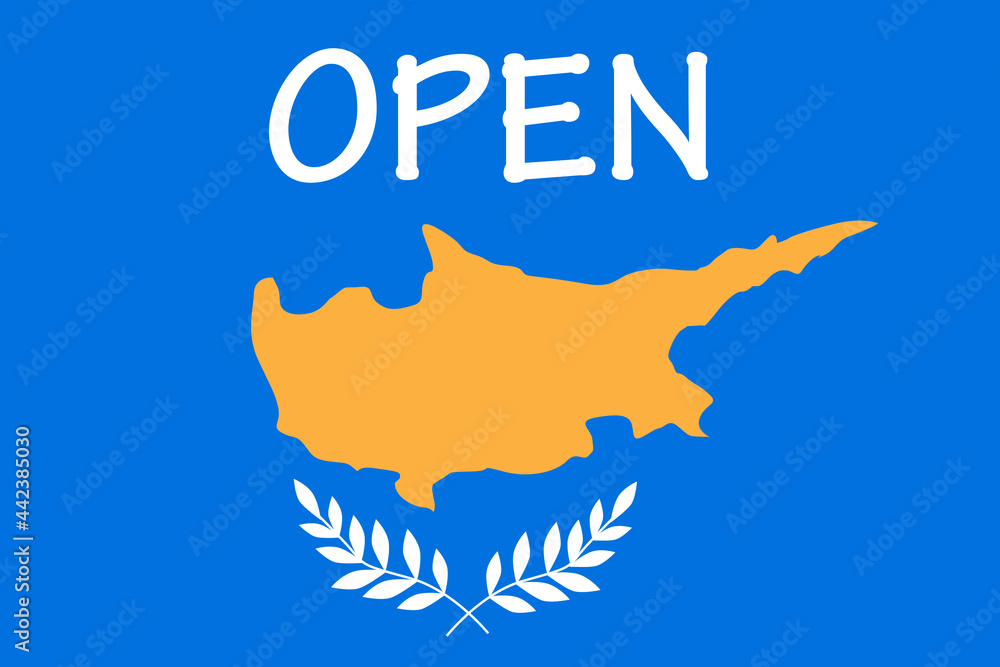 Obraz premium Opening of resorts of Cyprus. Concept for opening of tourist season in Cyprus. Inscription open next to silhouette of island of Cyprus. Tourism travel to Mediterranean. Traveling to Mediterranean