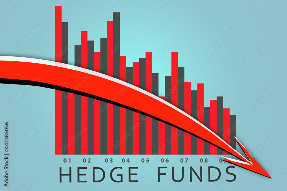 Hedge fund collapse graph. Hedge fund collapse infographics on blue background. Falling hedge fund returns. Concept of collapse due to stock market manipulation. Problems for large investors