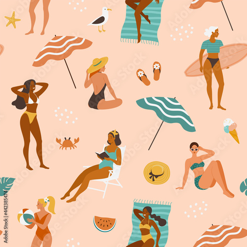 Summer girls pattern. Vector seamless pattern with young cartoon women in swimsuits spending time on a beach in different actions: standing, sitting, laying. 