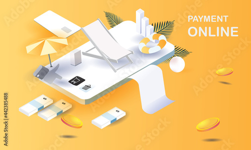 payment online on mobile phone Online shopping sell buy Bill and card money flat isometric vector concept banking summer isometric.