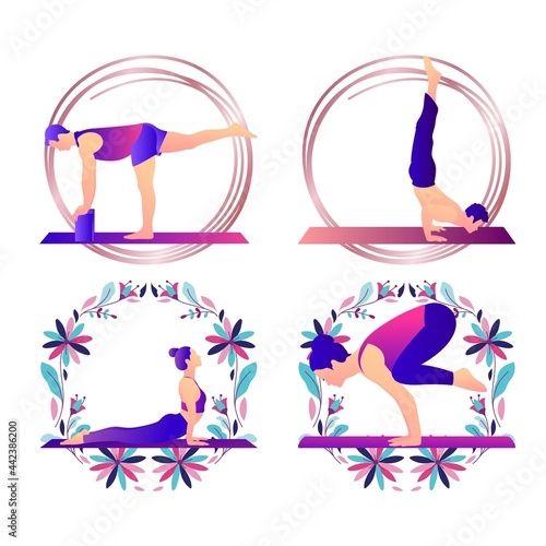 Yoga Positions With Women And Man In Flower Frames. photo