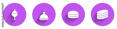 Set Ice cream in bowl, Cherry cheesecake, Macaron cookie and Brownie chocolate icon with long shadow. Vector