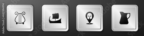 Set Ancient lyre, Greek trireme, helmet and Bottle of olive oil icon. Silver square button. Vector