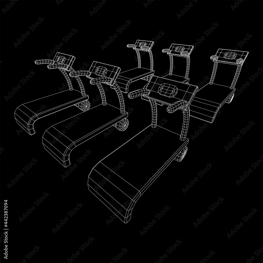 Treadmill machine. Gym and fitness equipment. Wireframe low poly mesh vector illustration. Treadmill machine. Gym and fitness equipment. Wireframe low poly mesh vector illustration.