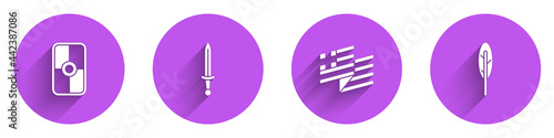 Set Greek shield, Medieval sword, Greece national flag and Feather pen icon with long shadow. Vector