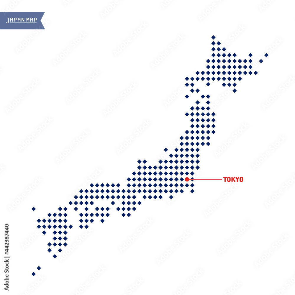 紺の市松模様のような日本地図と東京の場所：シンプルでかわいい インフォグラフィックデザイン