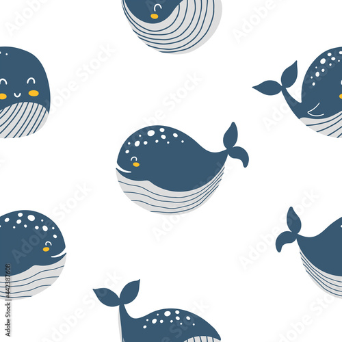 Seamless pattern with cute blue whales in scandinavian style