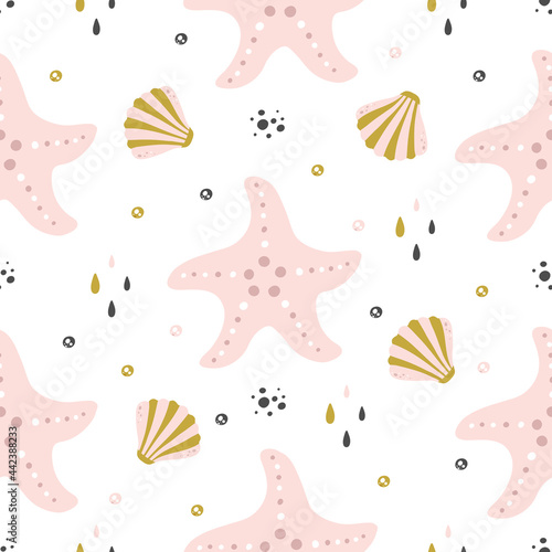 Seamless pattern with cute starfish in scandinavian style