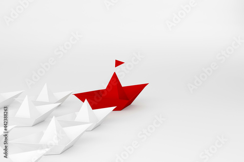 Leadership concept. Red paper ship leading among white on white background. 3d illustration