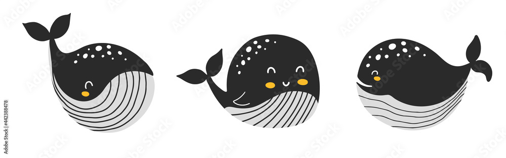 Set of cute whale characters in black in scandinavian style Set of cute whale characters in black in scandinavian style