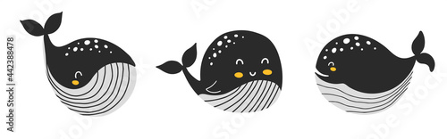 Set of cute whale characters in black in scandinavian style