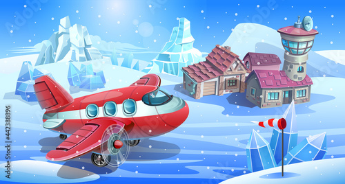 A red propeller-driven aircraft landed near an Arctic research station. Airfield among snow and ice.