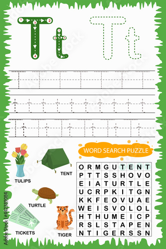 educational worksheet for children learning the English alphabet. Handwriting and crossword puzzle game for memorizing words. Letter T