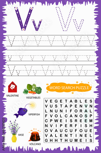 educational worksheet for children learning the English alphabet. Handwriting and crossword puzzle game for memorizing words. Letter V