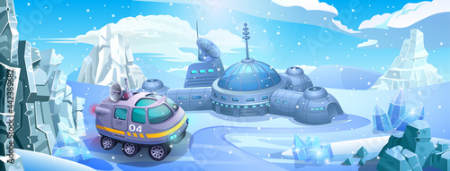 Snowmobile. Arctic research station with an all-terrain vehicle. An autonomous settlement among snow, rocks and ice. 